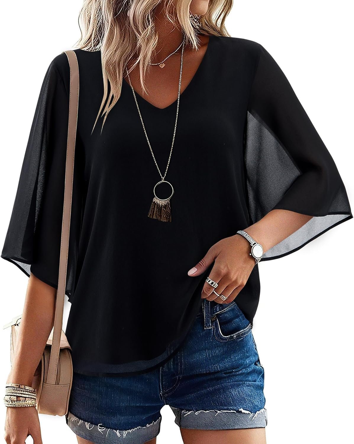 Women Chiffon Tops Dressy Casual 3/4 Sleeve Blouse V Neck Flowy Dress Shirt | Fashion Double Layers Bell Sleeve Top, Lightweight, Formal Business Casual Work Evening Cocktail Peasant, Spring Summer Fall