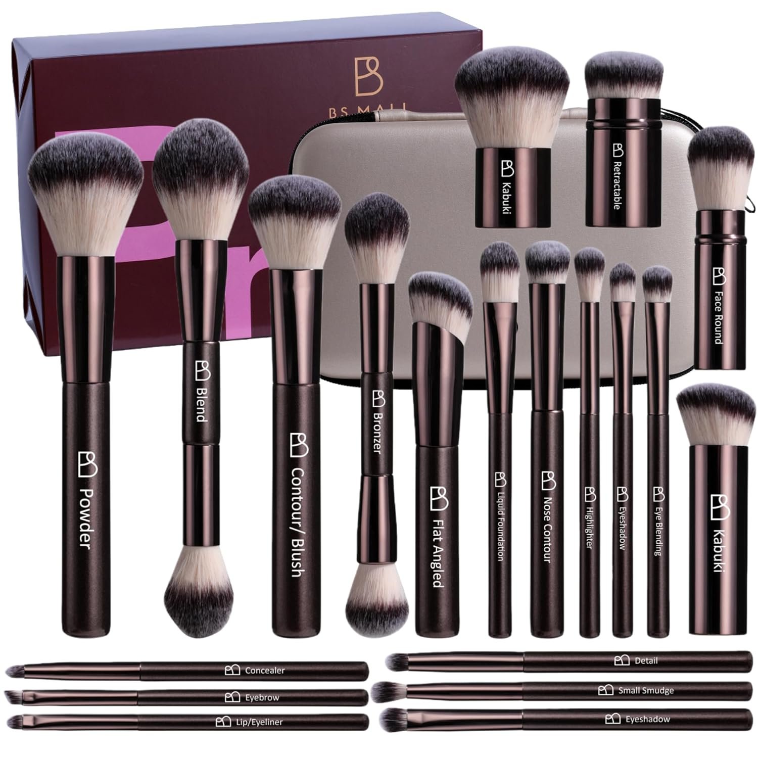 Professional Makeup Brush Set BS-MALL with Travel Case, 20PCS Synthetic Makeup Brushes for Foundation, Conce aler, Blush, Powder & Eyeshadow, Labeled Face Eye Brushes for Beginners, Makeup Artists