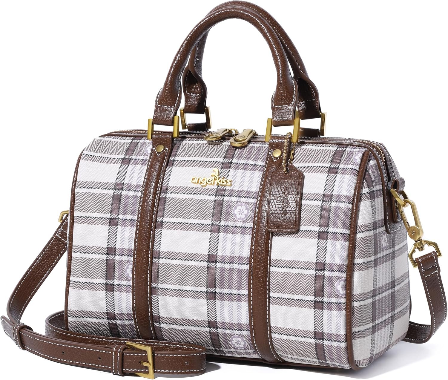 Angel Kiss Women Satchel Purses and Handbags Vegan Leather Boston Barrel Bag Top Handle Shoulder Purse with Crossbody Strap | Vegan Leather