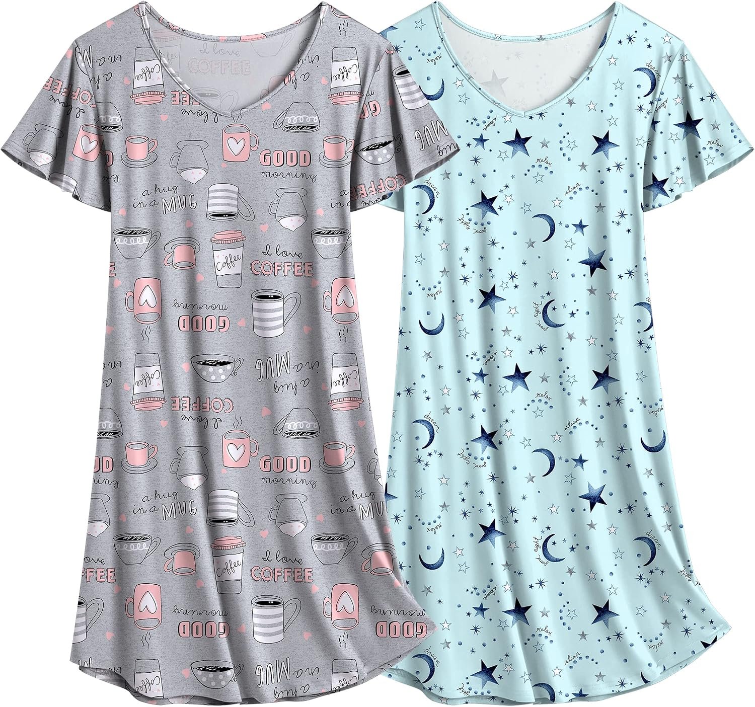 Ekouaer 2 Pack Women’s Nightgown Short Sleeve Nightshirts Comfy Soft Pajama Sleep Dress