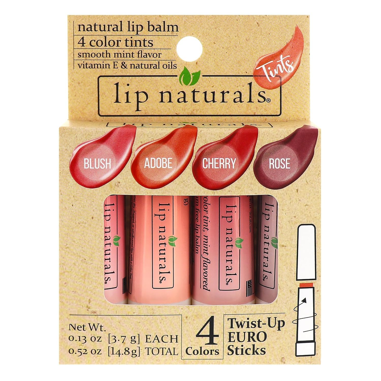 Lip Naturals Tinted Lip Balm 4 Pack of Assorted Colors with Beeswax, Coconut Oil, Vitamin E, and Aloe – Moisturizing Lip Care with a Smooth Mint Flavor
