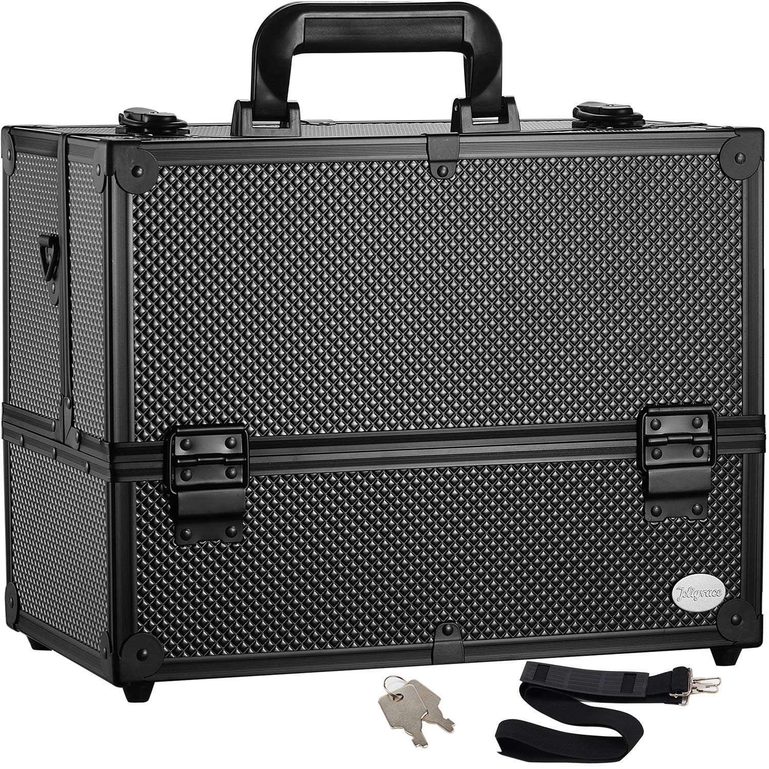 Joligrace Makeup Train Case Professional Adjustable – 6 Trays Cosmetic Cases Makeup Storage Organizer Box with Lock and Compartments 14 Inch Large Black
