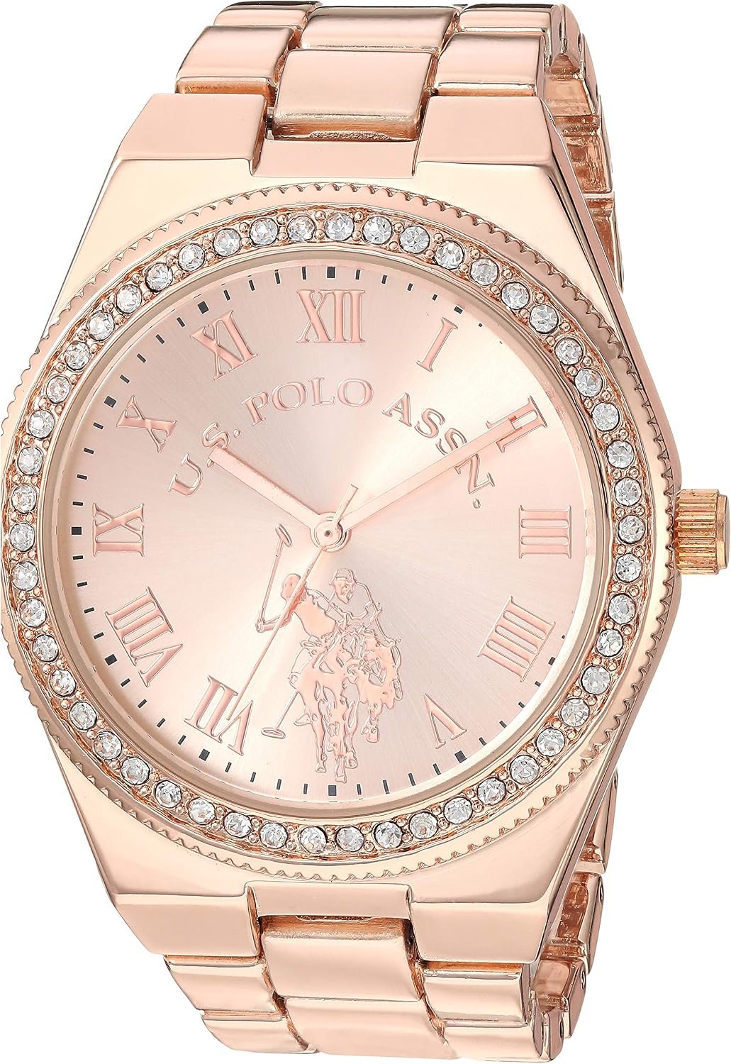 U.S. Polo Assn. Women’s Rose Gold Watch with Roman Numerals and Crystal Bezel Accent – Elegant Analog Quartz Timepiece with Polished Link Bracelet Fits Wrists 5.5″-8″