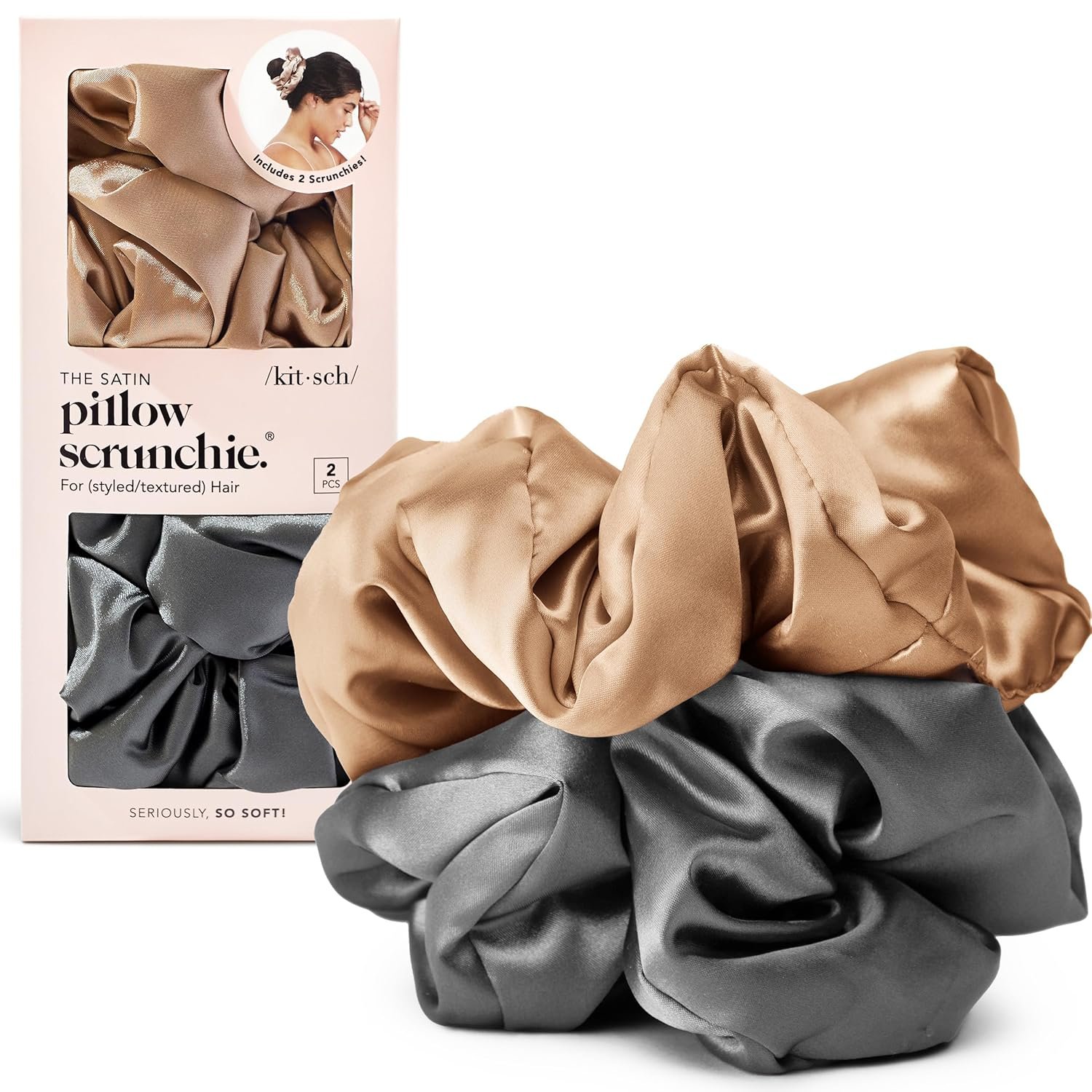 Kitsch Satin Scrunchies for Women – No Crease, Frizz Control | Softer Than Silk Scrunchies Gentle On Hair Scrunchies for All Hair Types | Stylish Hair Accessories – Charcoal & Gold, 2pcs