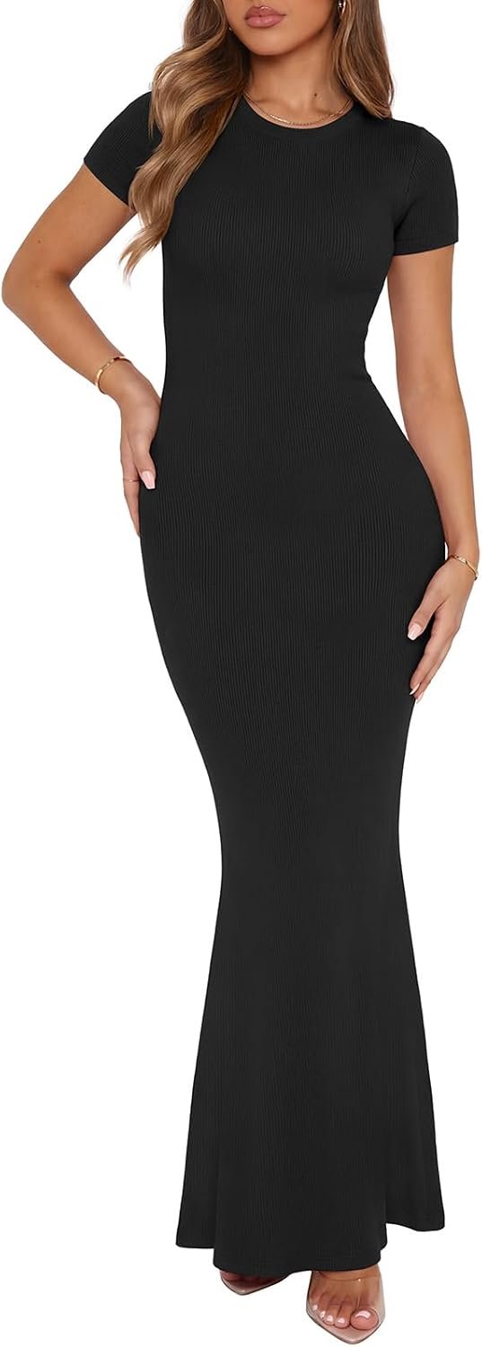REORIA Women’s Basic Summer Casual Lounge Long Dress Elegant Short Sleeve Crew Neck Bodycon Maxi Dresses