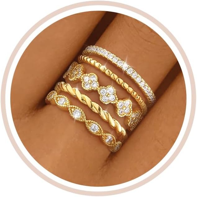 Gold Silver Stackable Rings for Women Non Tarnish Cubic Zirconia Band Ring | 14K Gold Plated,Stacking Chunky Eternity Rings,Dainty Engagement Promise Thumb Rings,Wedding Ring Set,Jewelry Size 6 7 8 9 10