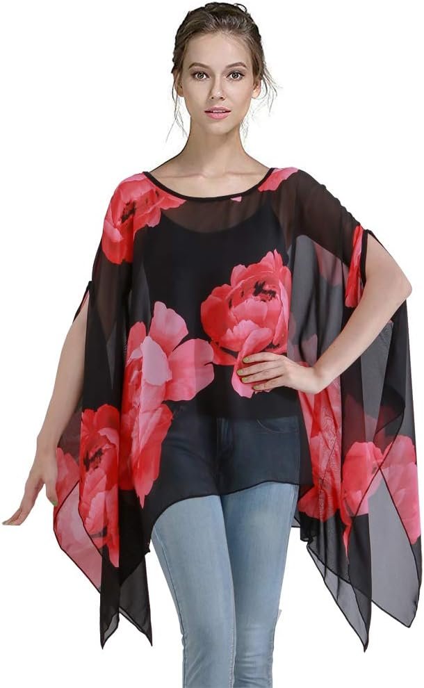 Max Hsuan Women’s Loose Solid Sheer Chiffon Caftan Poncho Batwing Tunic Top Blouse Summer Oversized Shirts