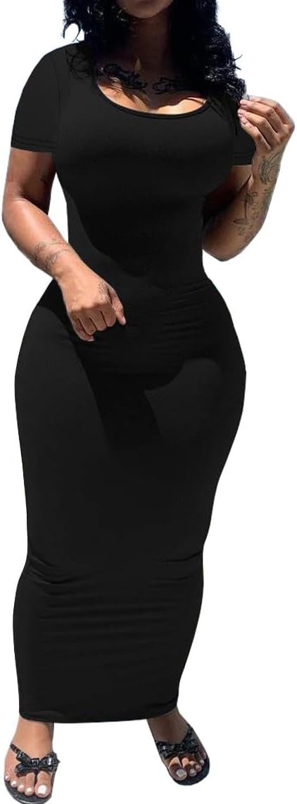 PINSV Women’s Casual Bodycon Maxi Dress Summer Scoop Neck Short Sleeve Long Fitted Dresses Club Party