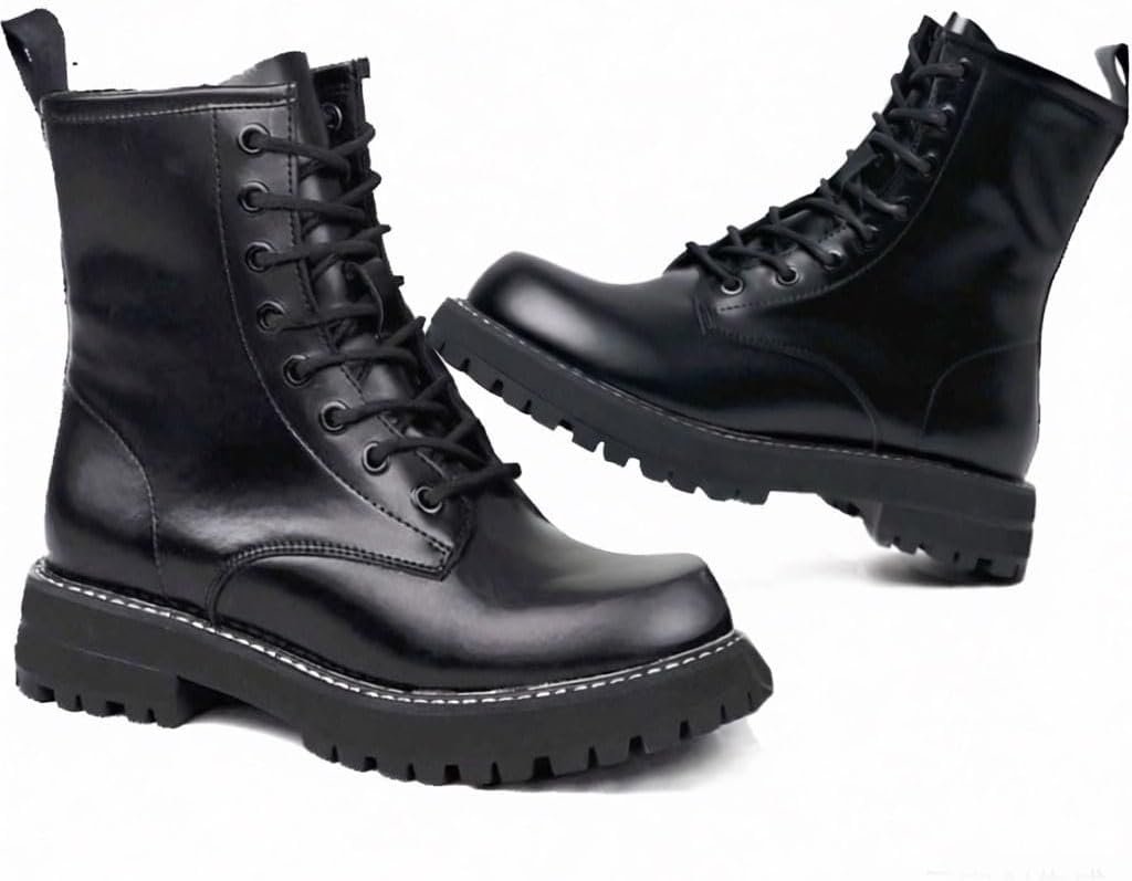Women’s Genuine Leather Fashion Ankle Booties Causal 8-Eye Side Zipper Lace-up Combat Boots(39)