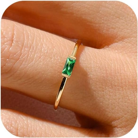 RLMOON Birthstone Gold Rings for Women Non Tarnish Gold Stackable Ring | Dainty 14K Gold/Silver Plated Baguette CZ Gemstone Pinky Ring Personalized Jewelry Gift for Birthday Size 4-10
