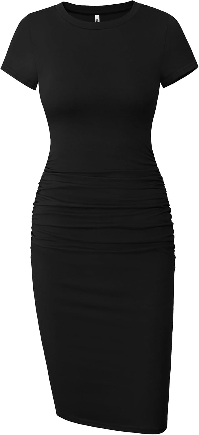 Missufe Women’s Short Sleeve Ruched Casual Sundress Midi Bodycon T Shirt Dress