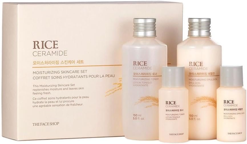 The Face Shop Rice Ceramide Moisturizing Skincare Set – Toner & Moisturizer, Korean Skin Care with Rice Water, Gift Set, Travel Size, Hydrating for Dry Skin