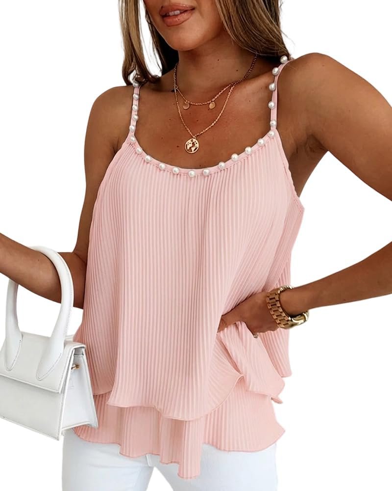 CHICME Womens Chiffon Tank Tops Double Layer Flowy Blouse | Adjustable Straps, Beaded Neckline Detail, Soft Lightweight Feel, Relaxed Loose Fit, Daily Casual Wear, Beach Vacation Outfit