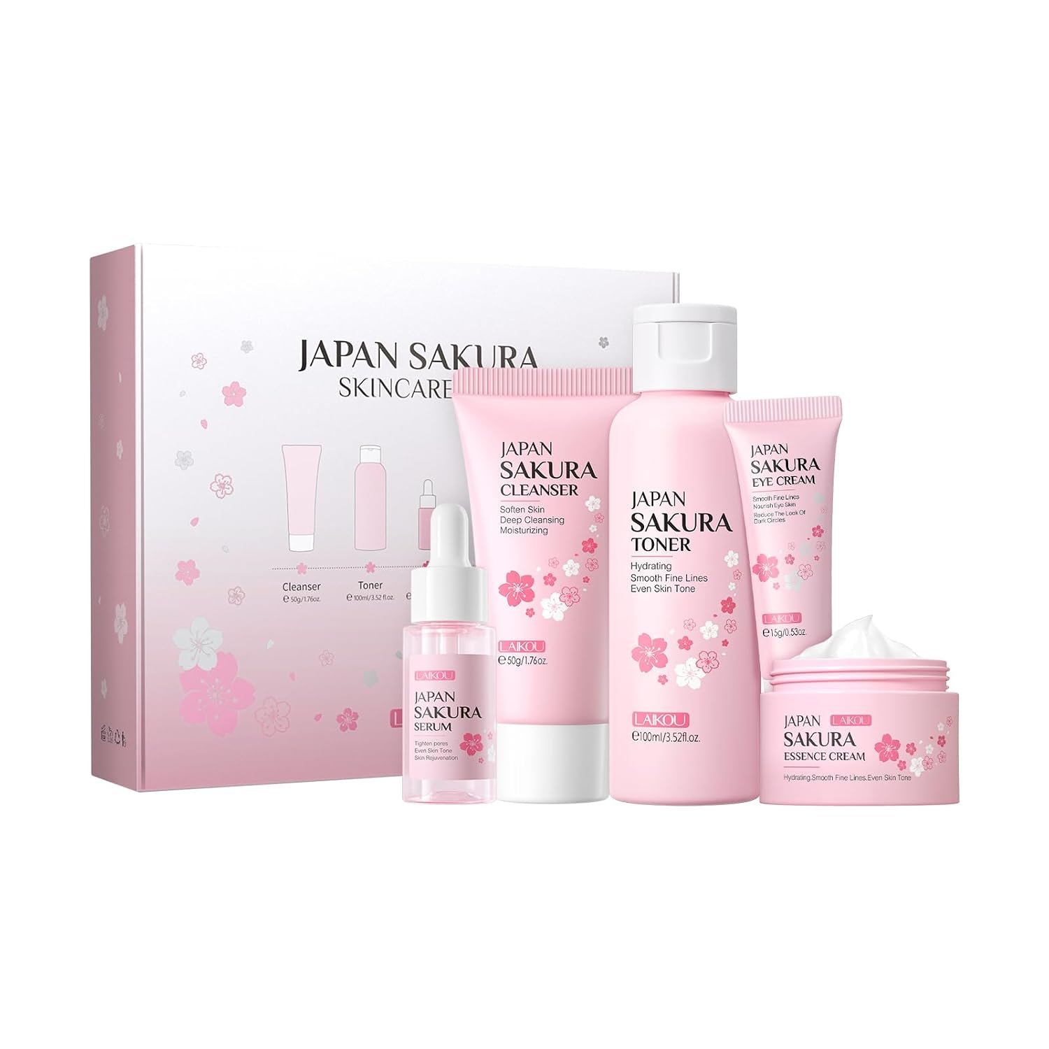 LAIKOU Skin Care Set JAPAN SAKURA Women Beauty Gift Sets Skin Care Kit 5pcs | Cleanser, Toner, Serum, Eye Cream, Face Cream Travel Kit for Women Teen Girls Mom Daughter Birthday TSA-friendly Sizes