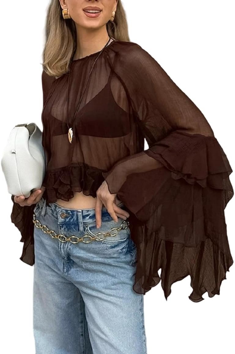 Ruffled Blouses for Women Boho Flowy Bell Sleeve Chiffon Poncho Top | Boho Flowy Top, Chiffon, Long sleeve, Sexy See Through Sheer Ruffle Hem Shirt Tops, Rave, Country Concert Outfits