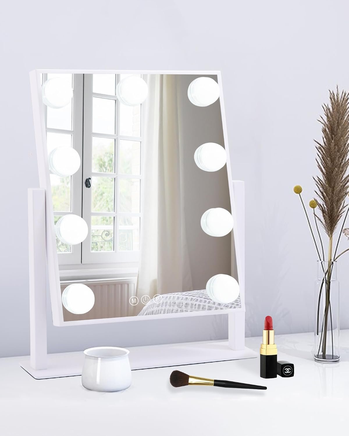 BWLLNI Lighted Makeup Mirror, White Vanity Mirror with Lights,9 LED Bulbs | Hollywood Mirror Touch Control Design 3 Colors Dimable LED Bulbs, Detachable 10X Magnification, 360°Rotation,12″ L x 14″ W