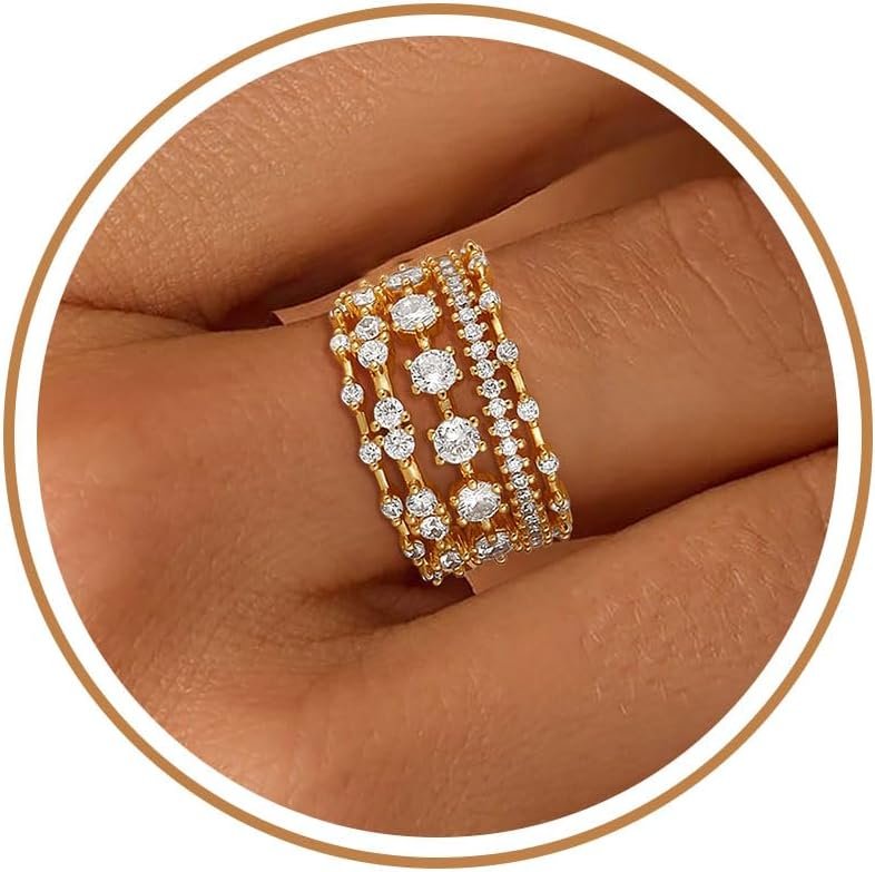 FUNEIA Stackable Silver Gold Rings for Women Non Tarnish 14K Gold Plated Thumb Cubic Zirconia Rings for Women Dainty Pinky Promise Wedding Ring Set Women’s Engagement Eternity Band Rings Gold Jewelry