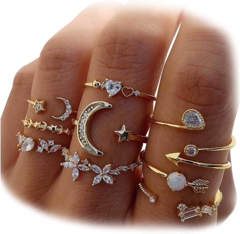 KISS WIFE Gold Stackable Rings for Women, Moon Star Knuckle Midi Ring Set | Boho moon and star designs, mixed sizes and rhinestone accents; some open styles adjust for knuckle, midi and stacked looks.