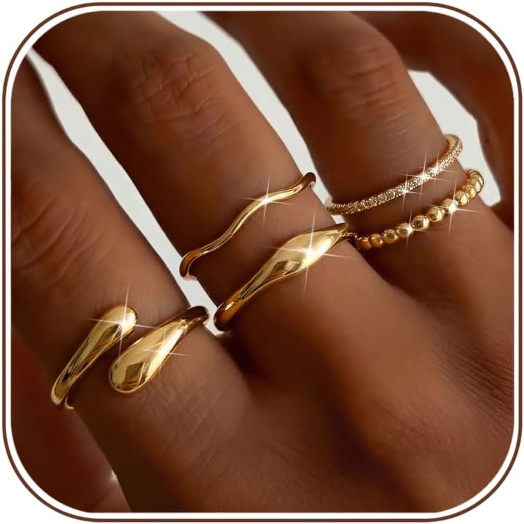 THUNARAZ 14K Gold Plated Rings for Women Non Tarnish Stackable Chunky Rings Cubic Zirconia Thumb Ring Set Dainty Trendy Statement Promise Wedding Bands Engagement Ring for Women Size 6-10