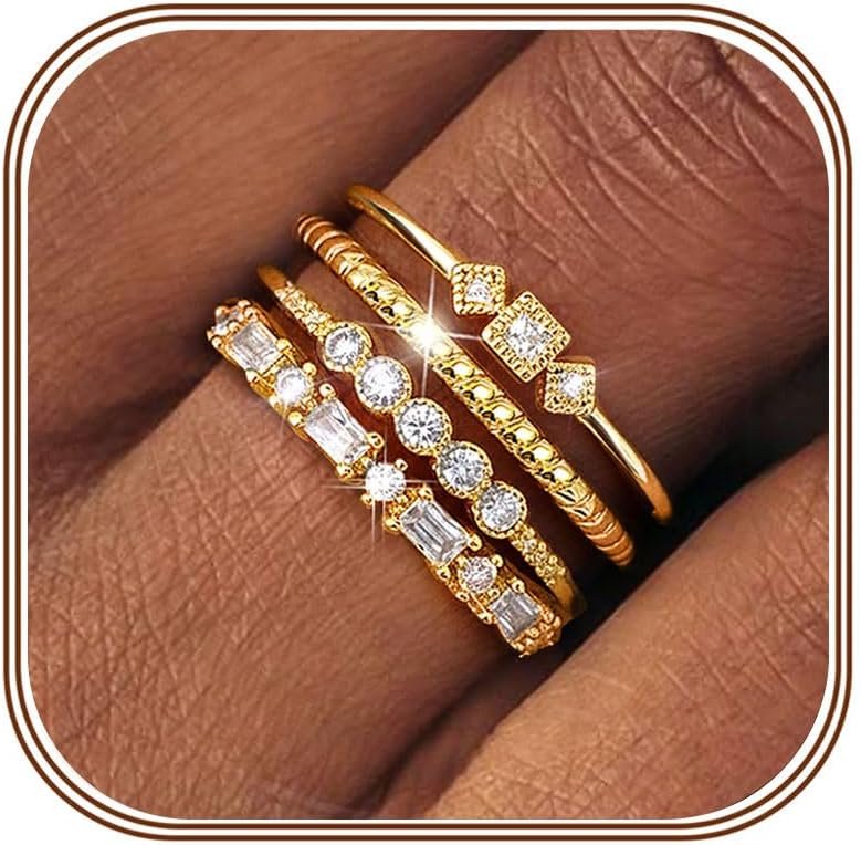 ORAZIO 14K Gold Plated Stackable Rings for Women Non Tarnish Dainty Cubic Zirconia Wedding Engagement Bands Ring Set Minimalist Trendy Statement Anniversary Promise Thumb Stacking Rings Size 6-10