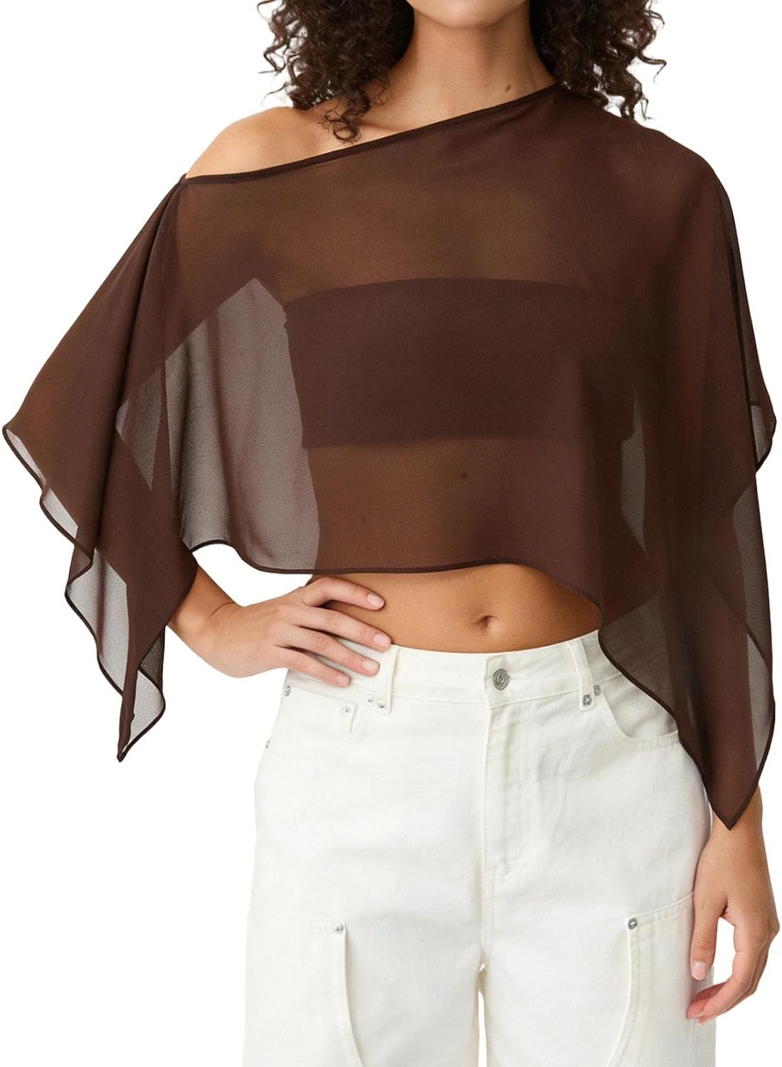 Foidiccx Womens See Through Sheer Mesh Asymmetrical Cape Poncho Top Loose Summer Shrug Elegant Chiffon Shawl Capelet Shirt