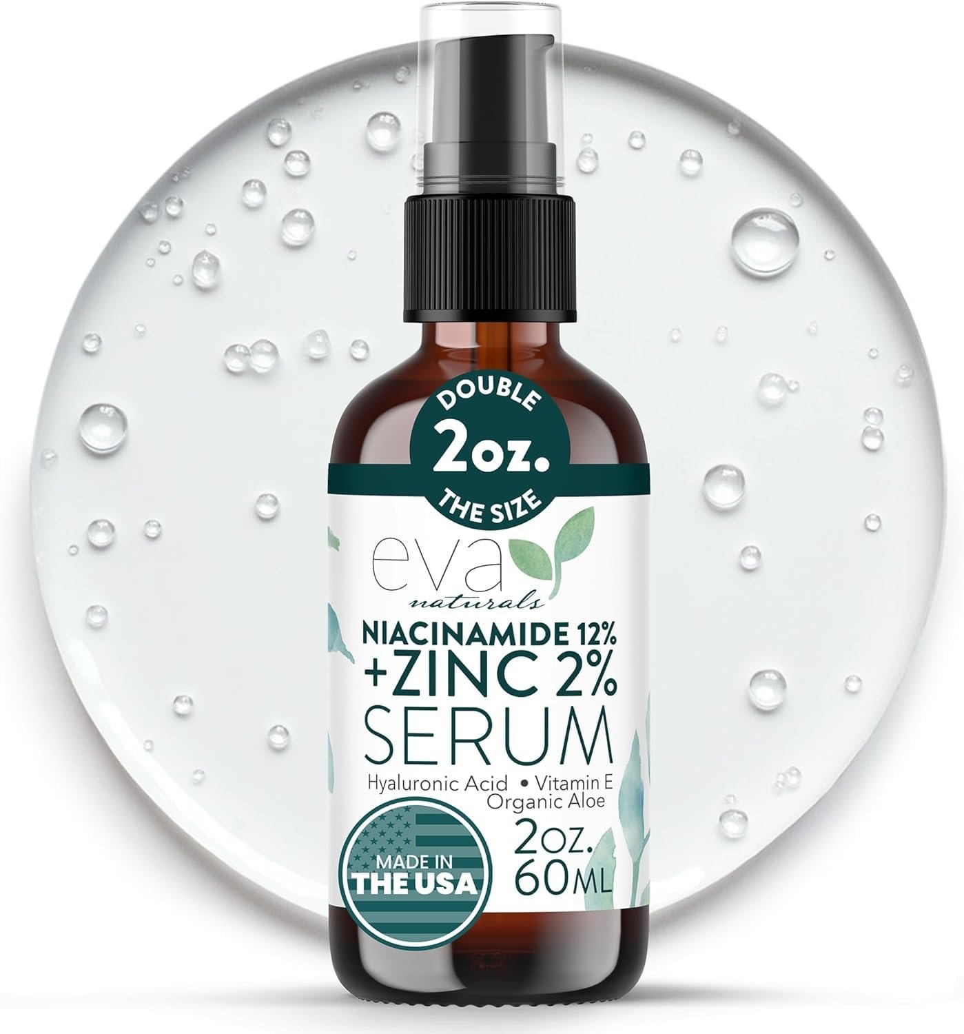 Eva Naturals Niacinamide 12% Serum with Zinc & Hyaluronic Acid, 2 fl oz | Vitamin b3 & e, pore minimizer, dark spot corrector, oil control, even skin tone, brightening, hydrating