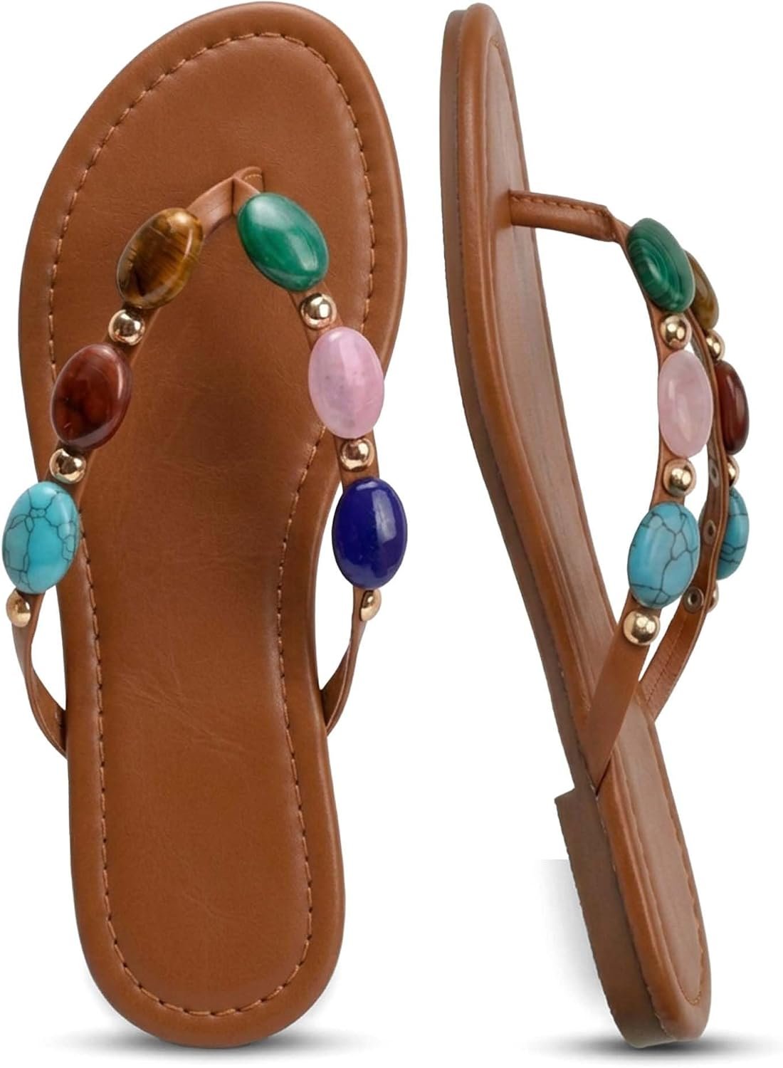 Oakmoo Women Jeweled Sandals Thong Sandals Beaded Flip Flops Flats Sandals | Jeweled Beaded Sandals,Oakmoo Beaded Flip Flops for Women,Thong Sandals for Women,Beach Stone Slippers