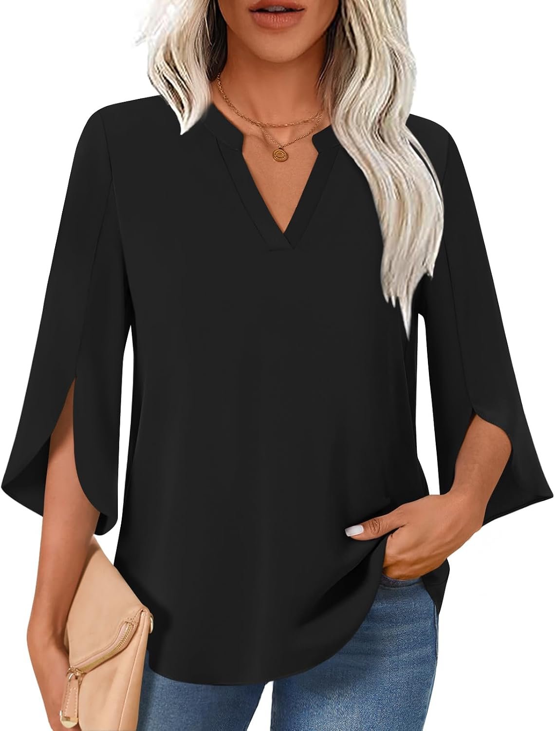 Findsweet Women Blouses Dressy Casual 3/4 Sleeve Tops Business Work Chiffon Office V Neck Shirts M-4XL