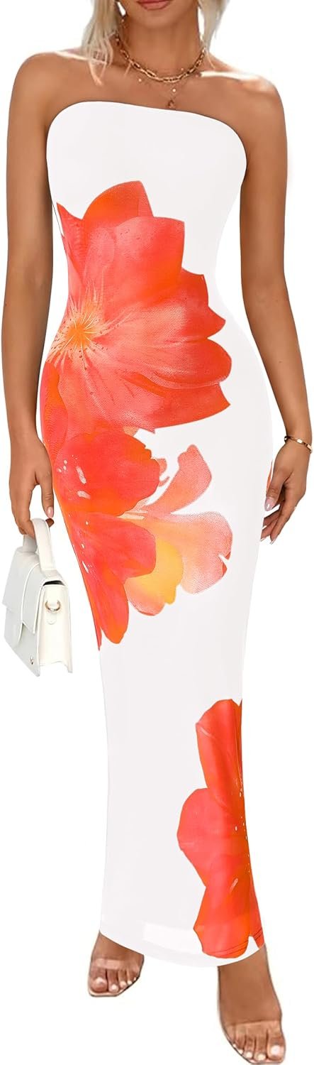 PRETTYGARDEN Women Summer Strapless Maxi Dress Tube Floral Bodycon Dresses | Sexy Mesh Long Dress with Back Slit, Formal Cocktail Party Wedding Guest Dresses, Cute Date Night Beach Vacation Dress