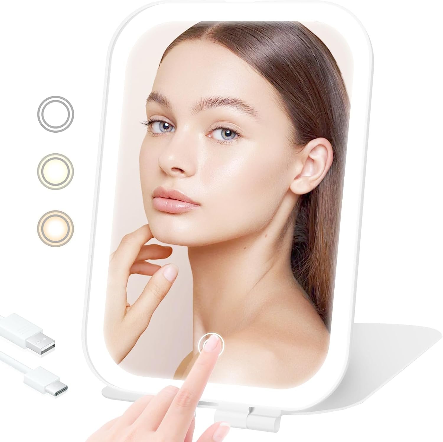 Travel Makeup Mirror, Portable Rechargeable Mirror with Lights | USB-Rechargeable, 3 Color LED Lighting, Adjustable Brightness, 7.9×5.4 inch, 1200mAh Battery, Gift for Women and Girls, White