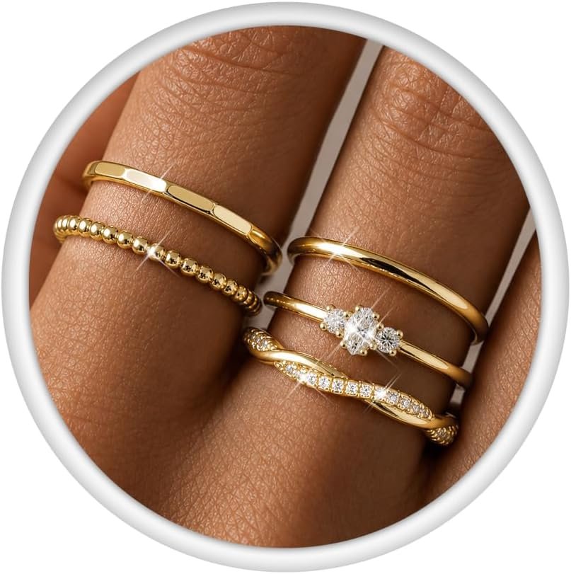 CASSIECA Non Tarnish Gold Rings for Women Dainty Marquise Stack Rings Set | 14K Gold Plated,Stackable Ring Set,Thin Thumb Wedding Band Ring,Marquise Engagement Statement Ring,Waterproof,Jewelry Gifts