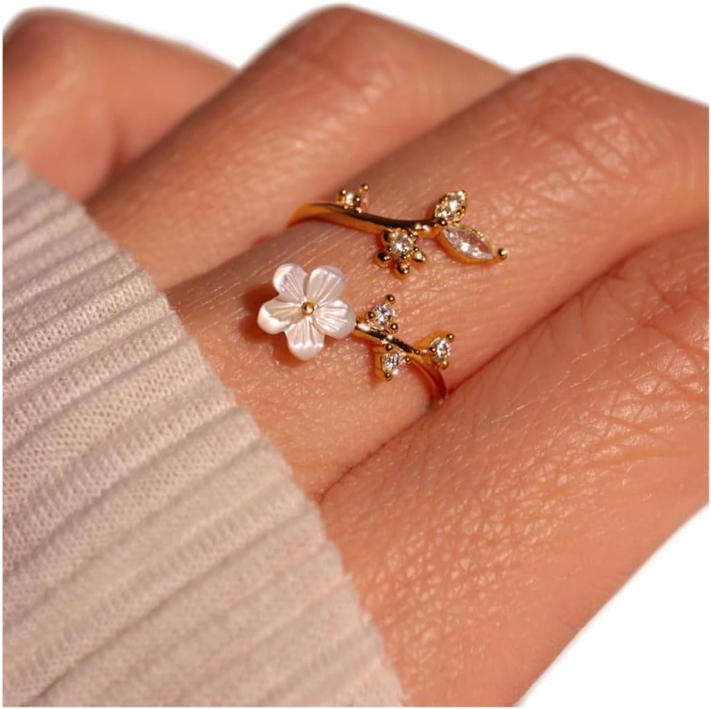 Birthstone Gold Adjustable Flower Rings Non Tarnish Birth Jewelry for Women | 14K gold, rose gold & silver plated, mother of pearl flower with cubic zirconia, fits sizes 7-11, birthday gift