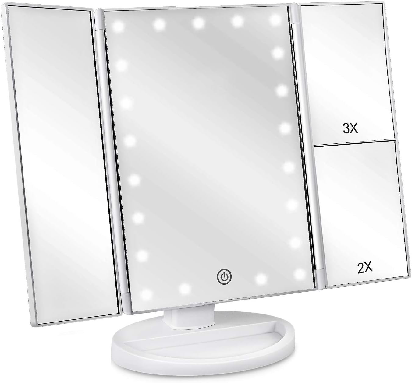 Floor Mount Tri-Fold Lighted Vanity Mirror with 21 LED Lights, Touch Screen and 3X/2X/1X Magnification, Two Power Supply Modes Make Up Mirror,Travel Mirror