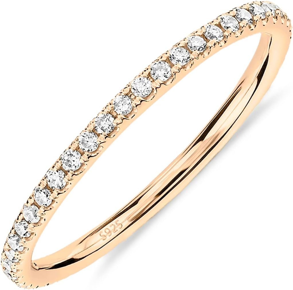 PAVOI 925 Sterling Silver Wedding Band for Women, 14K Gold Plated CZ Ring | Dainty Stackable Rings for Women, Cubic Zirconia Eternity Rings