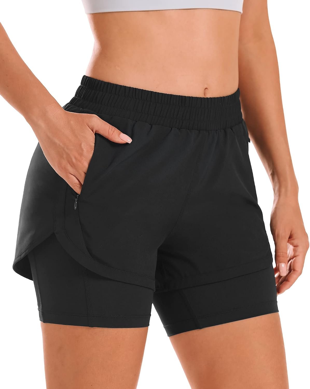 Stelle Women’s 2 in 1 Athletic Running Shorts with Liner and Zip Pockets