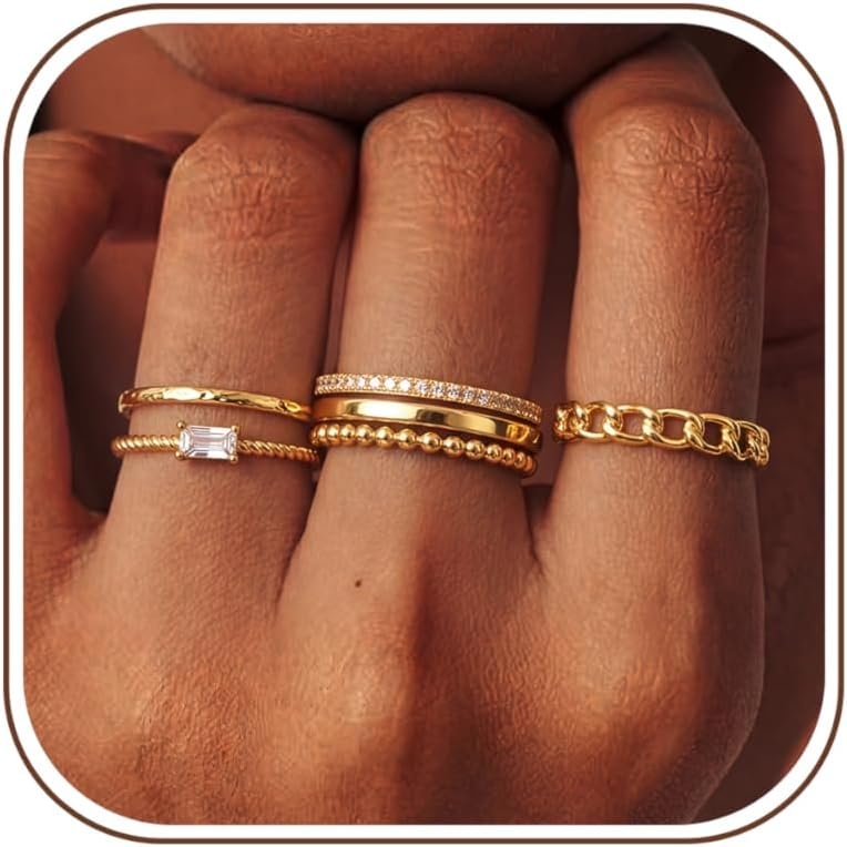 14K Gold Plated Stackable Rings for Women Statement Band Ring Set Size 5-11 | 6PCS, Non Tarnish, Waterproof, Ring Set/Stack, Cubic Zirconia, Dainty Trendy Stacking Thin Thumb Band Statement, Daily, Gifts