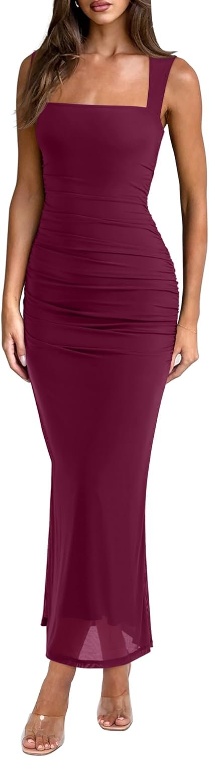 REORIA Summer Wedding Guest Maxi Dresses for Women | Sleeveless,Square Neck,Sheer Mesh,Ruched,Slim,Bodycon,Formal,Elegant Long Dress,Cocktail,Club Nightout,2026 Trendy Clothes