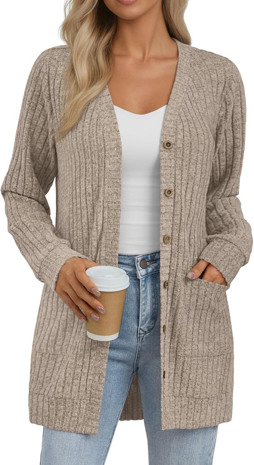 AUTOMET Womens Fall Long Cardigan Sweater Lightweight Soft Outfit 2026 | Button Down Clothes with Pocket, Long Sleeve Coat Trendy Fashion, Open Front, Casual Office Daily Wear