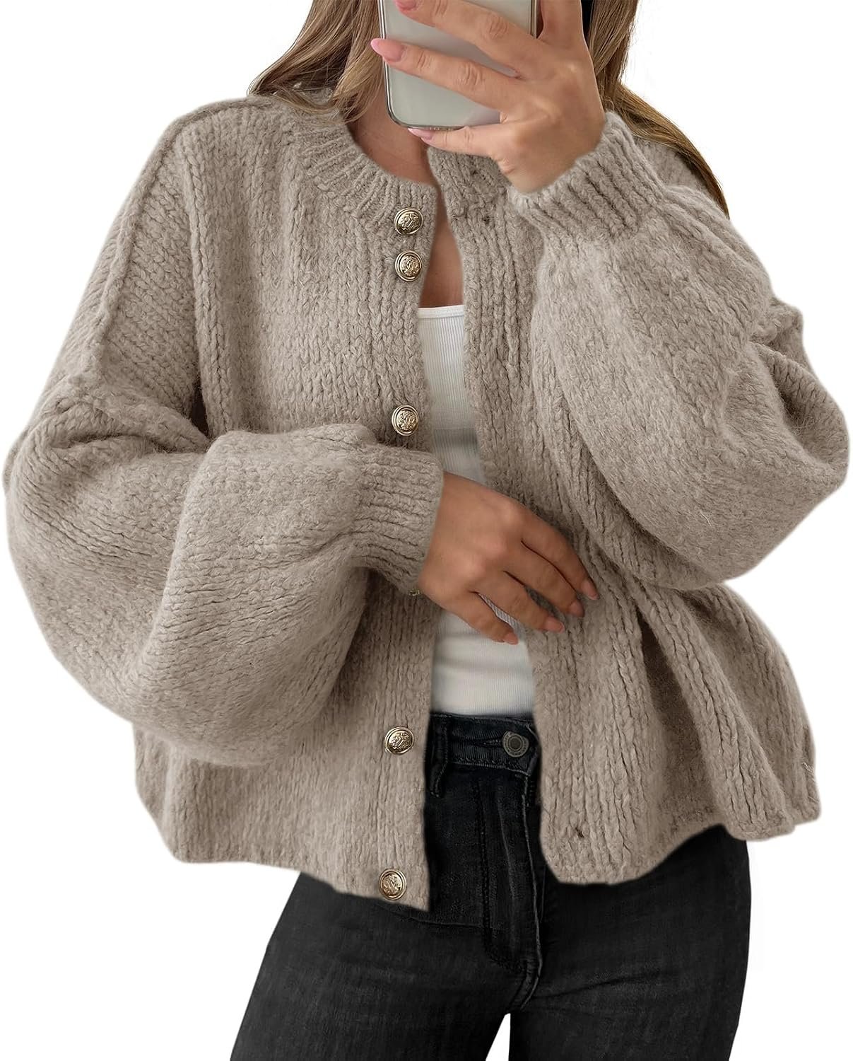 Saodimallsu Womens Oversized Cardigans Long Sleeve Chunky Sweater Coats | Button Up, Lantern Sleeve,2026 Casual Knit Outfits,Loose Fit,Fall Winter Sweaters,Open Front,Cozy Crop Office Wear