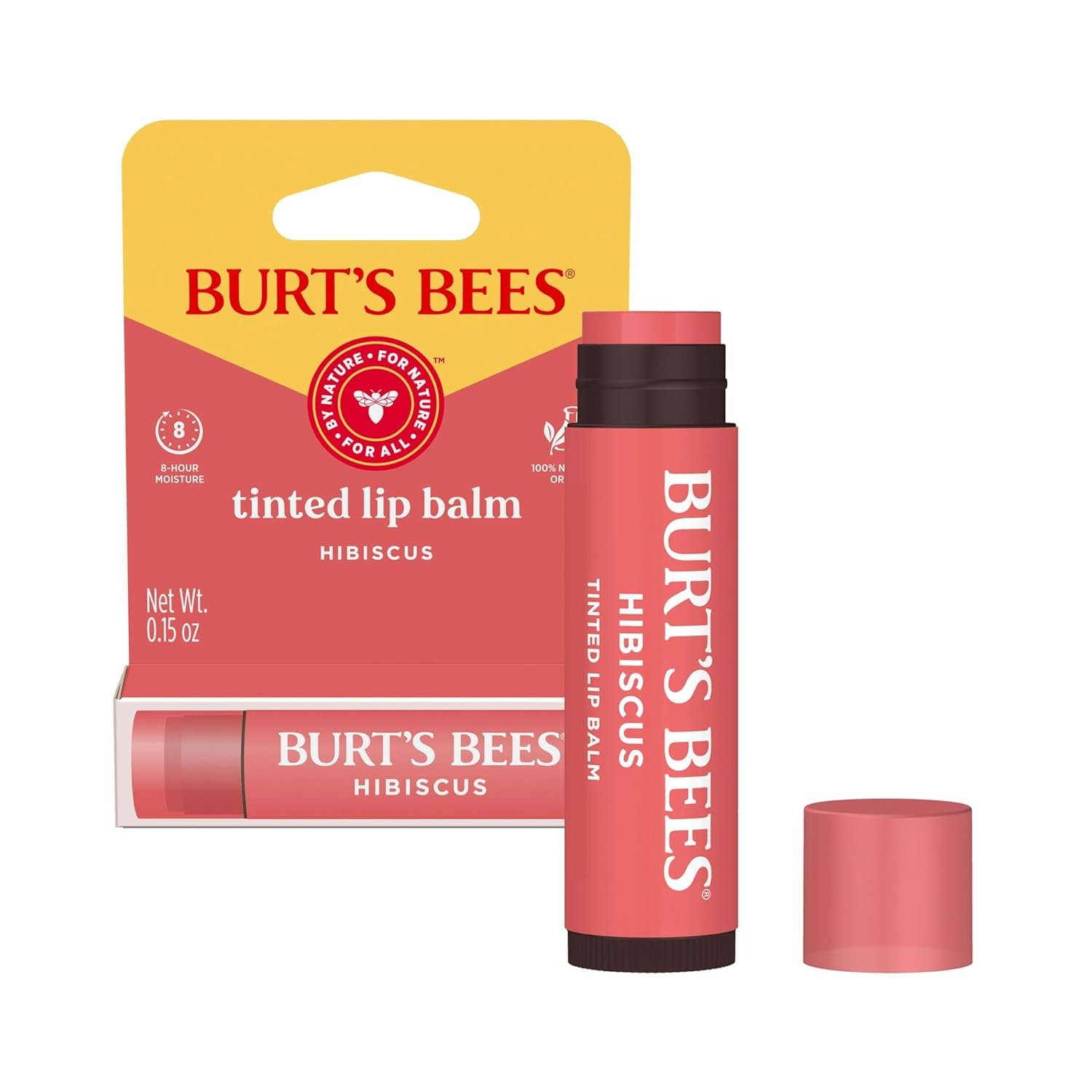 Burt’s Bees Lip Tint Balm, Long Lasting 2 in 1 Duo Tinted Balm Formula, Color Infused with Hydrating Shea Butter for a Natural Looking Buildable Finish, Hibiscus, 1 Tube