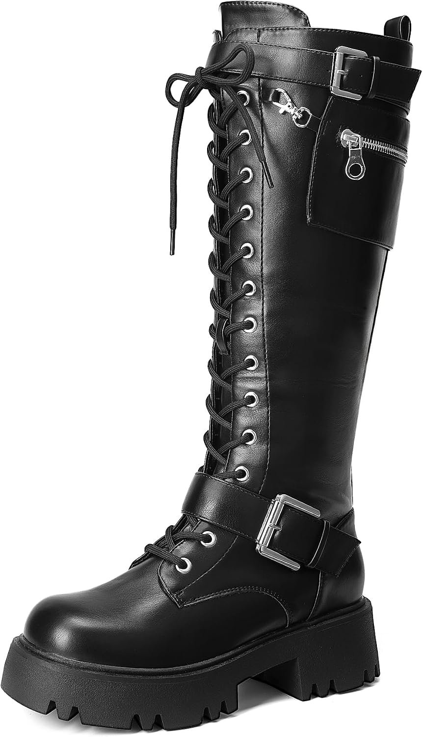 DREAM PAIRS Womens Knee High Combat Boots Platform Heels | Gothic Motorcycle, Metallic, Lace-up, Inside Zipper, Removable Pocket, Non-slip TPR Outsole, Versatile for Everyday Wear