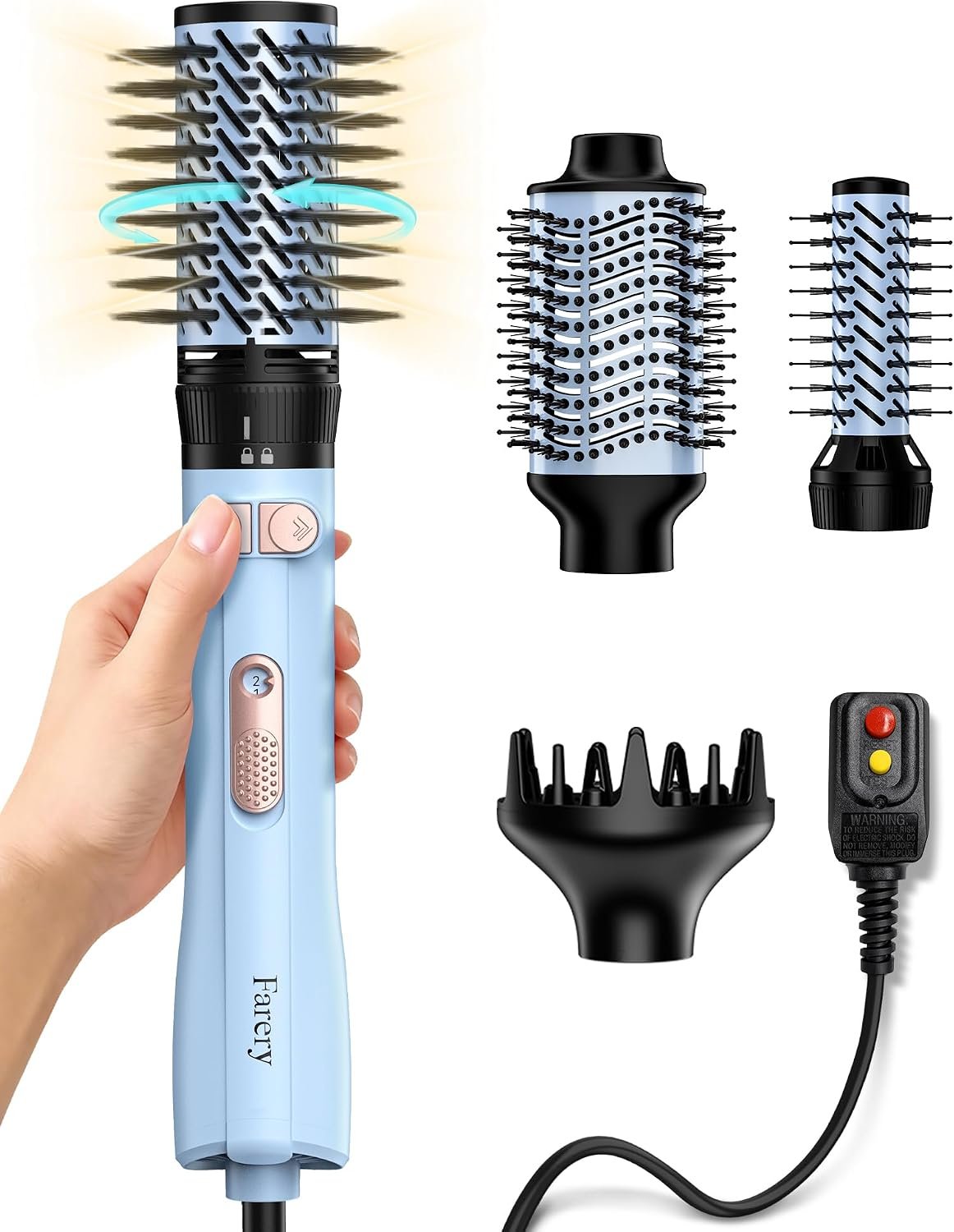 Farery Rotating Hot Air Brush Set 1000W — 4 in 1 Volumizer & Styling Finisher, Blow Dryer Brush with Diffuser, Hold-to-Rotate Round Brush for Volume, Smooth & Curl, Best for Fine to Medium-Thick Hair