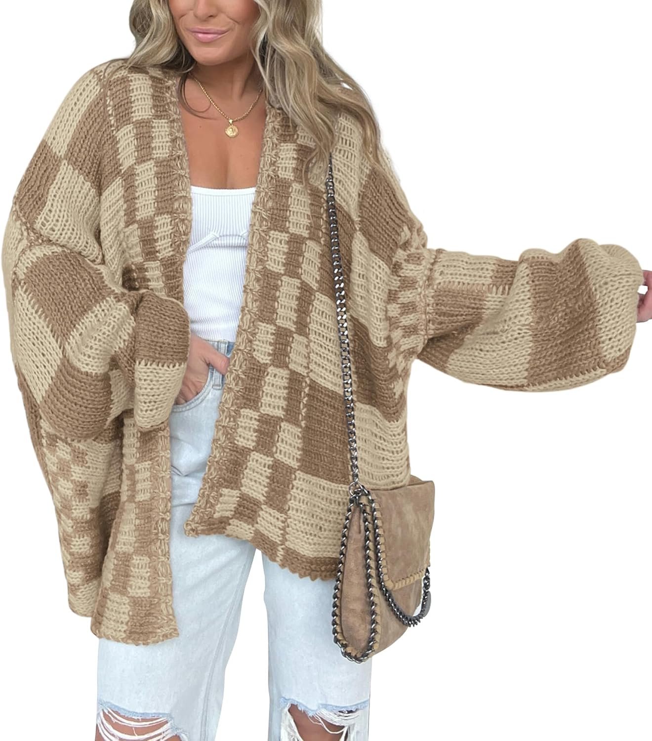 BTFBM Casual Cardigan Sweater for Women Fall 2026 Long Sleeve Sweaters | Fall Outfits, Loose Fit,Solid,Open Front Chunky Knit Sweaters,Chunky Cardigan Sweaters For Women,Checkered Outwear Coat