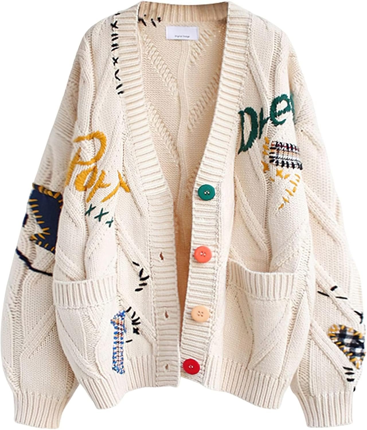Women’s Cable Knit Long Sleeve Open Front Cardigan Sheep V-Neck Button Down Embroidery Wool Blend Sweater Coat Outwear