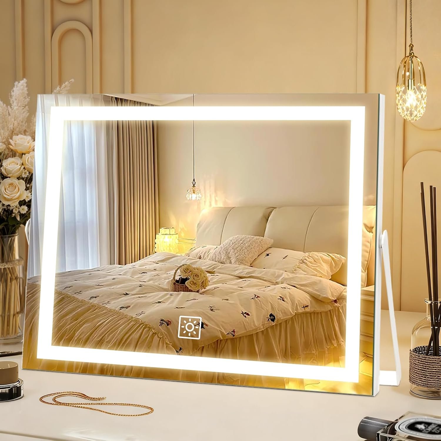 14 Inch LED Vanity Makeup Mirror with Lights, Large Metal Frame Lighted Tabletop Mirror with 3 Color Dimmable Touch Control, 360° Rotation for Bathroom Bedroom