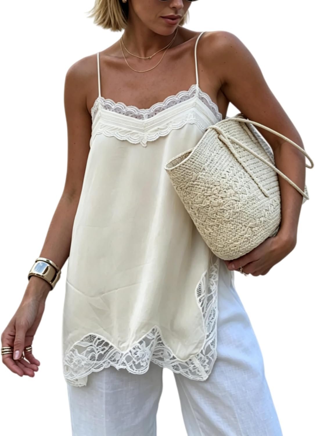 Women Y2k Chiffon Lace Trim Cami Tops Spaghetti Strap V-Neck Side Split Camisoles Cute Summer Shirt Going Out Tops