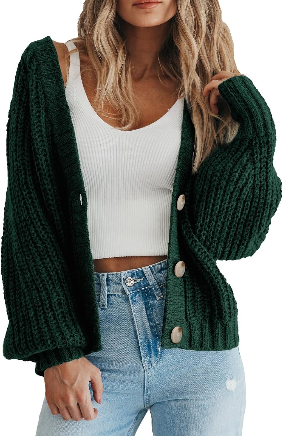 PRETTYGARDEN Women’s Chunky Knit Open Front Cardigan Sweaters Fall Outfits | V Neck Button Loose Short Cardigan Outerwear Coats, Slouchy Drop Shoulder Loose Cute Sweaters, Fall Clothes for Work & Office