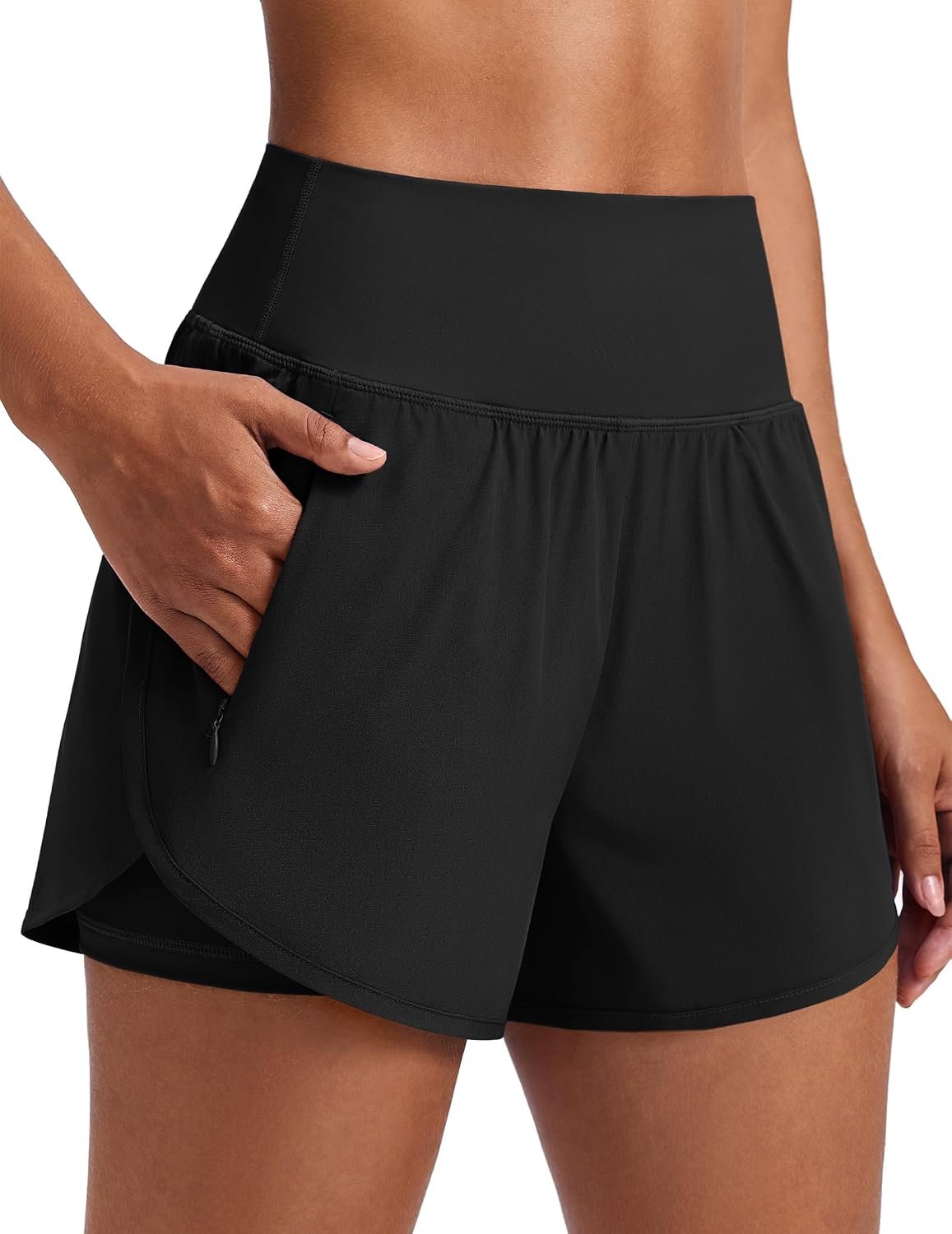 PINSPARK Women’s 2 in 1 High Waisted Athletic Running Shorts 2 Zip Pockets | 3” Inseam Dolphin Hem Workout Shorts, Quick Dry Gym Short, Elastic Biker Liner, Exercise/Fitness/Tennis