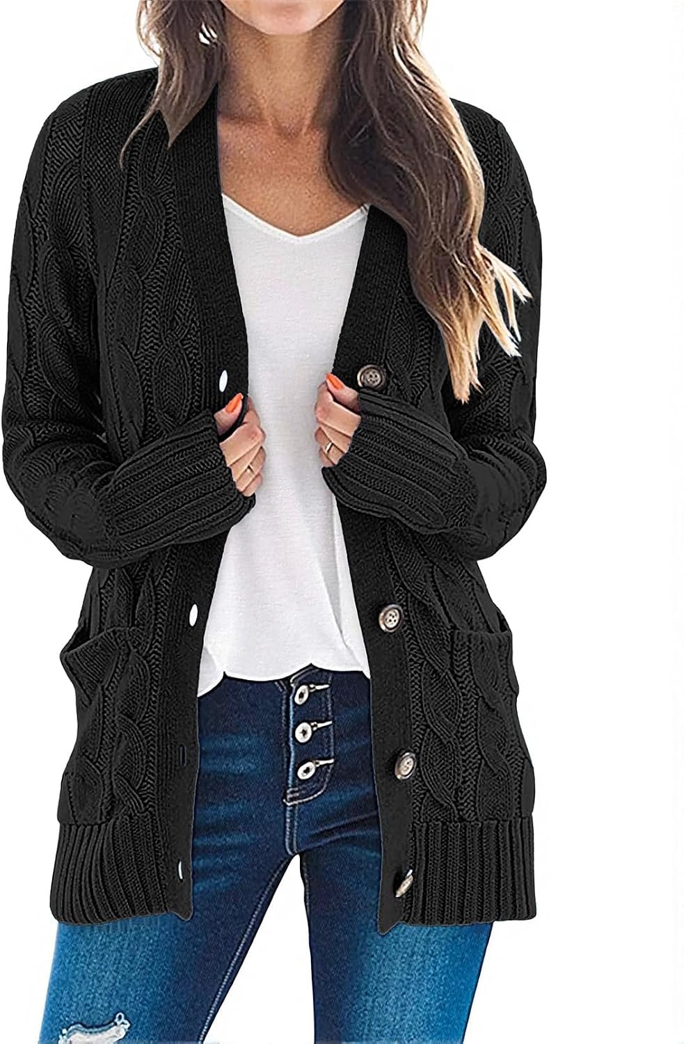 MEROKEETY Womens Fall 2026 Long Sleeve Cable Knit Cardigan Sweaters | Open Front, Button Down, Ribbed Cuffs and Hem, Chunky Trendy Outerwear Coats, Fashion Winter Outfits