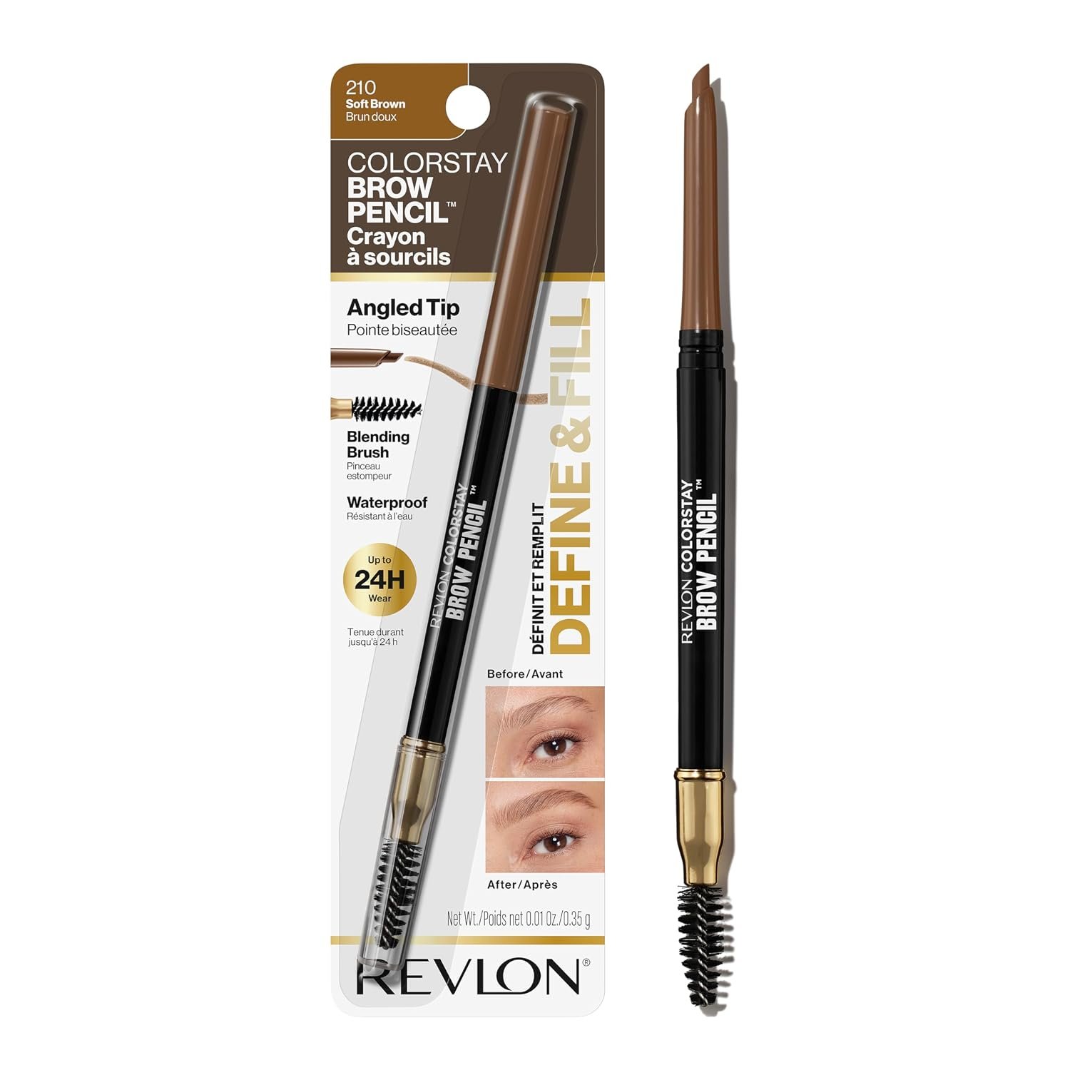 Revlon ColorStay Brow Pencil, 210 Soft Brown, 0.021 oz | Waterproof eyebrow pencil with a built-in spoolie brush. No smudging, no fading, with up to 24 hours of wear.